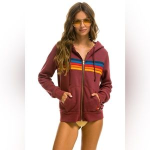 AVIATOR NATION 5 STRIPE ZIP UP HOODIE PLUM 2 S